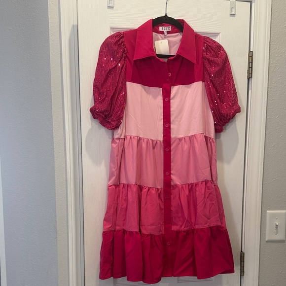 TCEC Dresses & Skirts - Pink Ombré Tiered Dress with Puff Sequin Sleeves